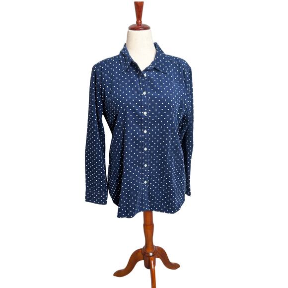 Loft blouse blue fine wale corduroy white dots button up collared Sz L NWT - Picture 1 of 7